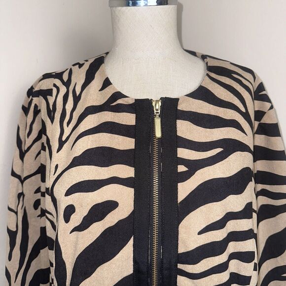 CHICOS Jacket Size 2 Black Brown Zebra Stripe Animal Print Zip Front Long Sleeve - Picture 2 of 9